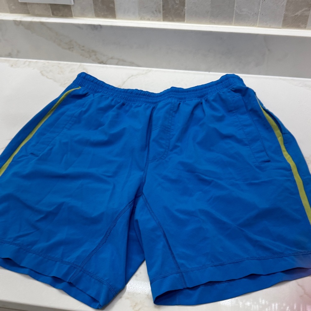 lululemon athletica Men's Blue Athletic Shorts with Lime Stripe